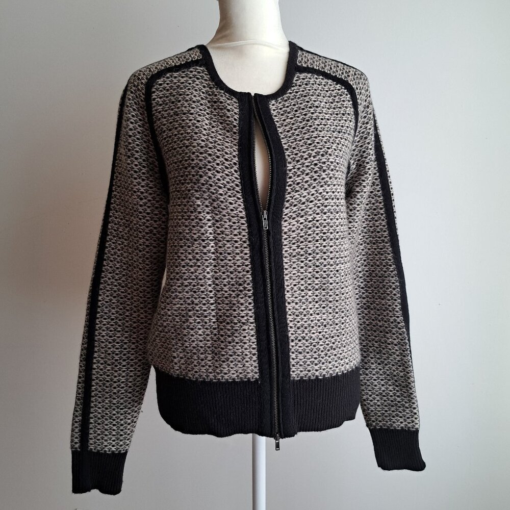 J Crew cardigan sweater black white contrast trim two way zip wool S